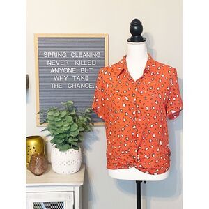 W5 ANTHRO Coral-Orange with Brown & White Twist Hem Animal Print Top - Size S